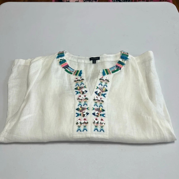 Talbots 100% Linen White Embroidered Fish  Shirt Bell Sleeves Size M - Picture 4 of 13
